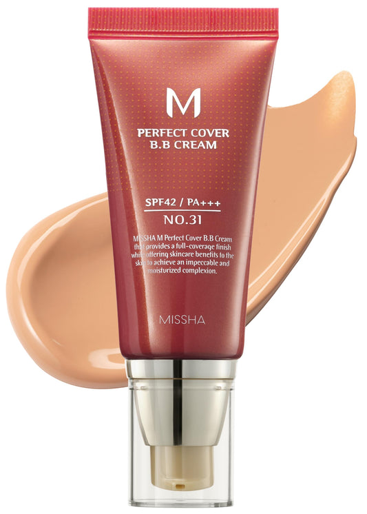 MISSHA M Perfect Cover BB Cream No 31.Golden Beige - Medium/Tan with Neutral Undertone SPF 42 PA +++ 1.69 Fl Oz - Tinted Moisturizer for face with SPF