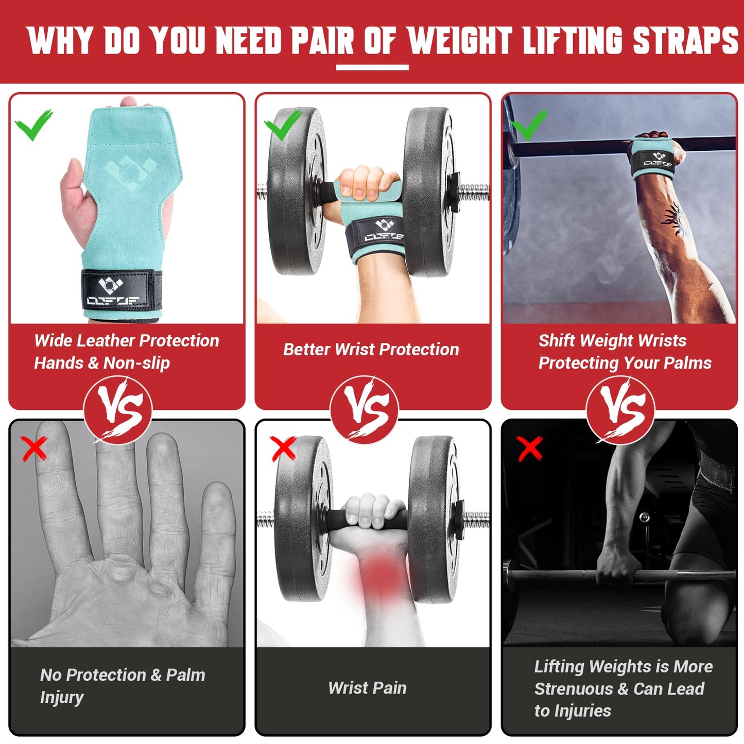 COFOF Weight Lifting Wrist Strap,Double Layer Leather Weightlifting Wrist Strap for Deadlift and Powerlifting, Adjustable Neoprene Padded Gym Workout Lifting Wrist Hooks for Men/Women(Pair)