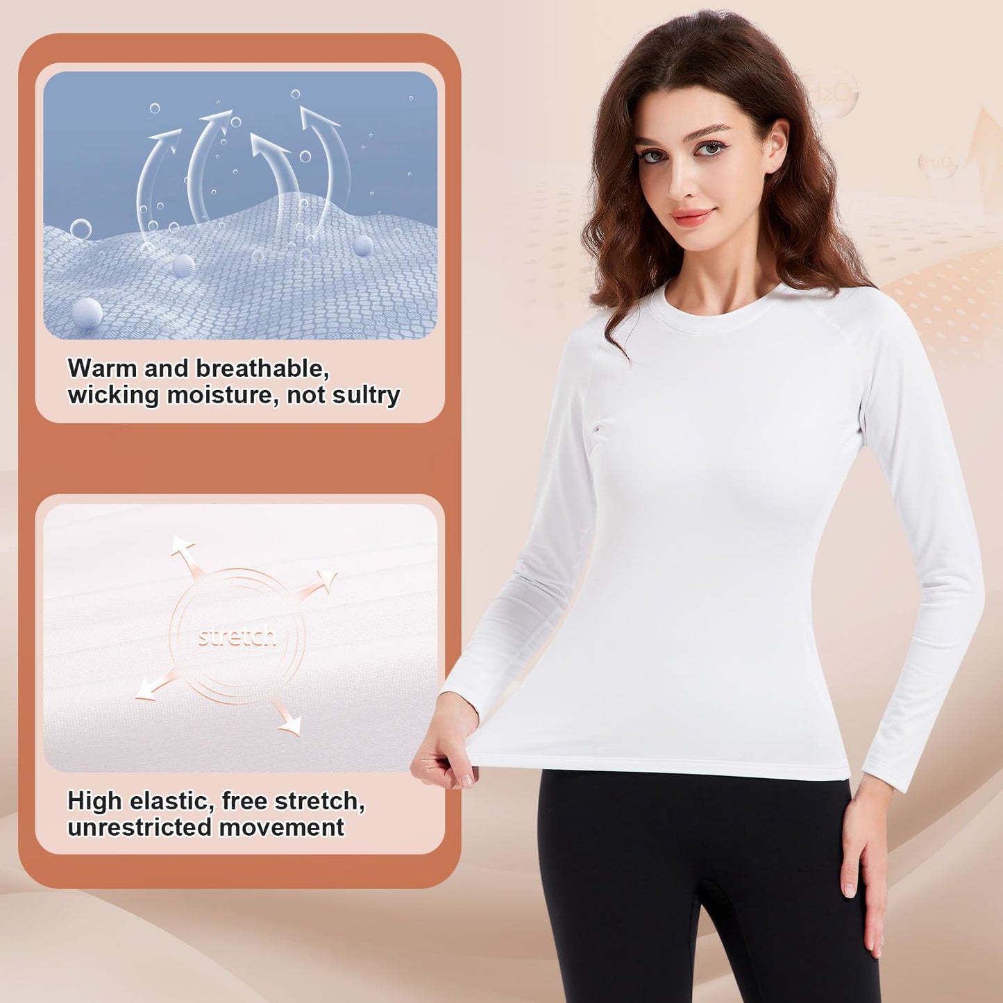 Witkey Thermals for Women Long Sleeve Shirts Cold Weather Crew Neck Fitted Fleece Lined Baselayer Tops Lightweight Winter Clothing Workout Running Hiking Quick Dry White