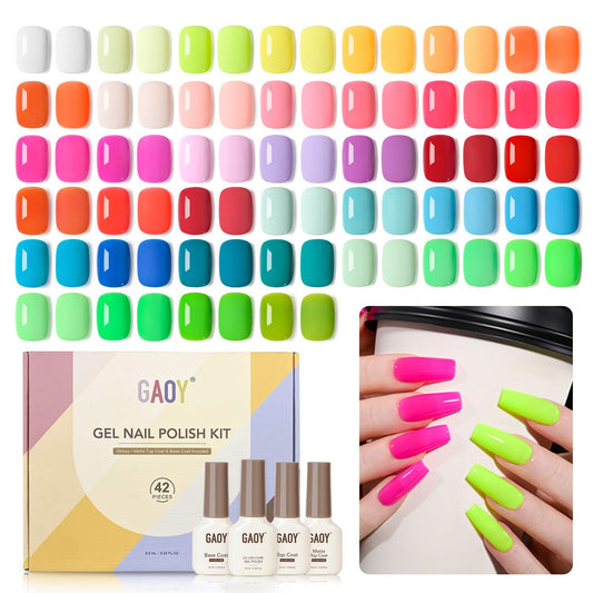 GAOY 42 Pcs Gel Nail Polish Kit, Neon Bright Green Orange Blue Red Colors All Seasons Gel Nail Polish Set with Glossy & Matte Top Coat and Base Coat for Salon and DIY Manicure at Home