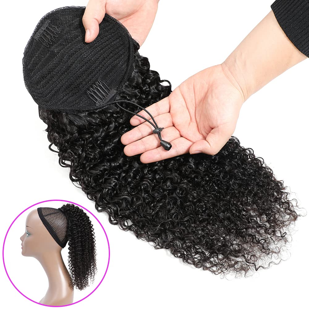 Adette 12 Inches Curly Ponytails Human Hair Drawstring Ponytail Extension Kinky Curly Clip in Pony Tail Hair Extensions Hair Pieces for Black Women Natural Black
