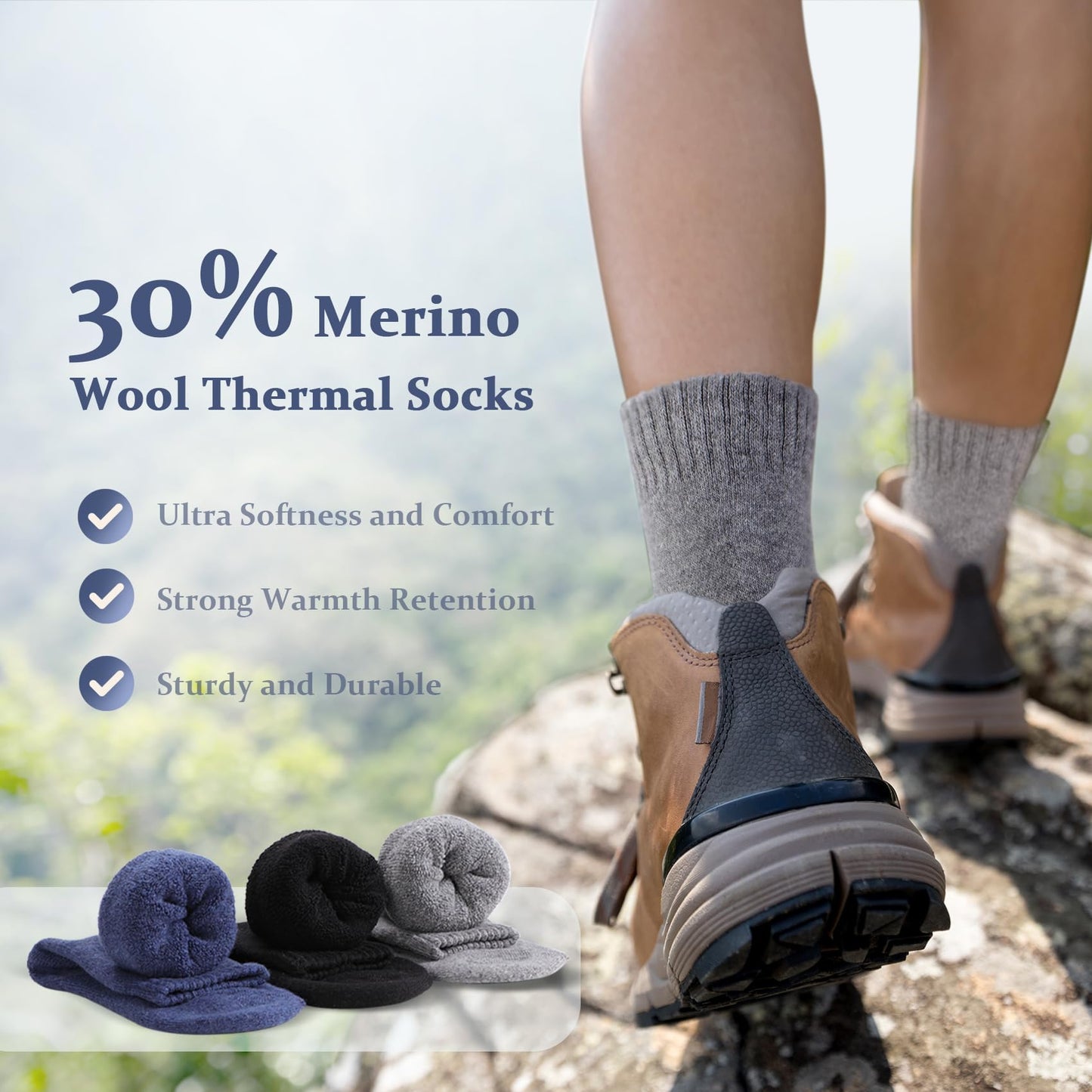 Redair Merino Wool Socks Mens, 3 Pairs of Heavyweight Thermal Running Socks for Winter, Thermal Warm Boot Socks for Outdoor indoor, Moisture Wicking Soft Crew Socks fit Sizes 6-13