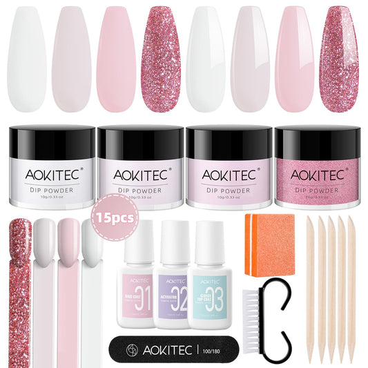 Aokitec Dip Powder Nail Kit Starter - 4 Colors White Nude Pink Glitter Nail Dip Powder with Dip Base Activator Top Coat Dipping Powder Liquid Set for Nail Art Manicure DIY Salon