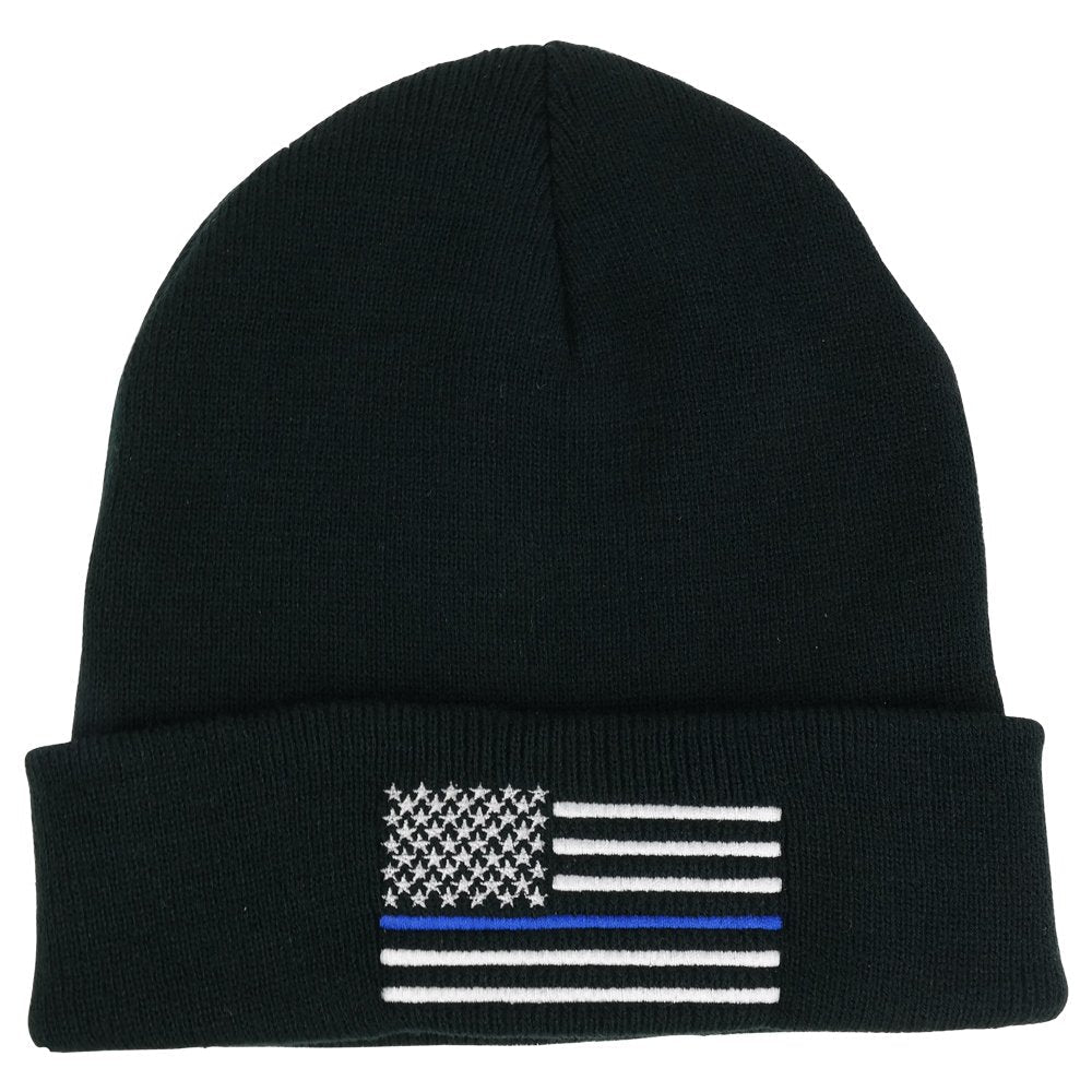 Armycrew Thin Blue Line American Flag Embroidered Winter Watch Cap Cuff Beanie - Black