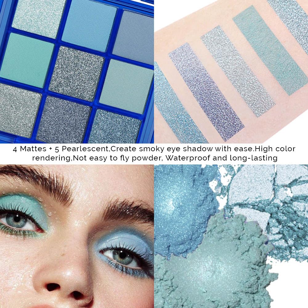 evpct 9 Colors Dark Light Royal Cobalt Blue Pearl White Glitter Shimmer Eye Shadow Makeup Palette Highly Pigmented Waterproof Blue Matte Metallic Shimmery Daily Party Sparkling Eyeshadow Palett