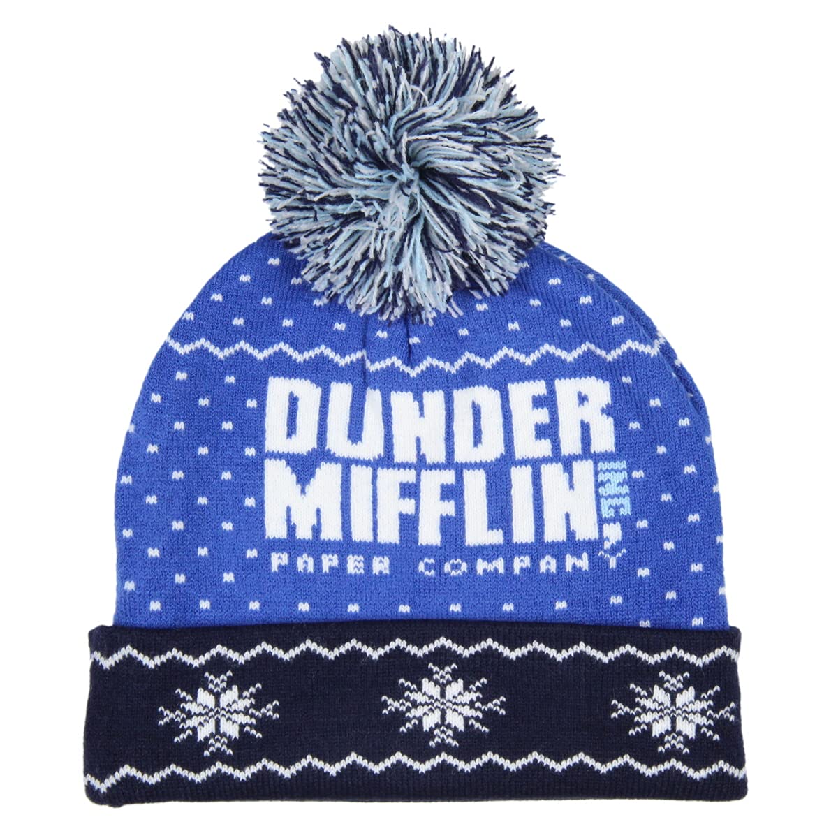 Culturefly The Office Dunder Mifflin Paper Company Fairisle Cuff Knit Pom Beanie Hat Blue