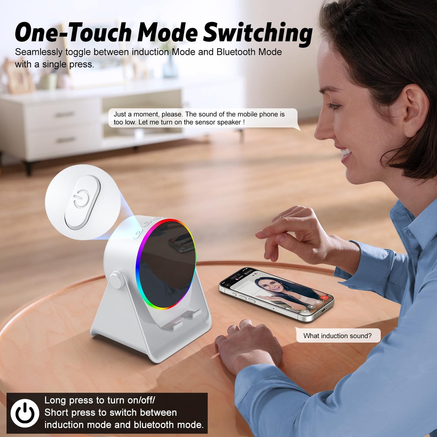 Wireless Induction Speaker, 4 in 1 Bluetooth Speaker Phone Stand with RGB Light, 360° Rotation Phone Holder Compatible with iPhone Android iPad Samsung Galaxy, Birthday Gift for Men Women