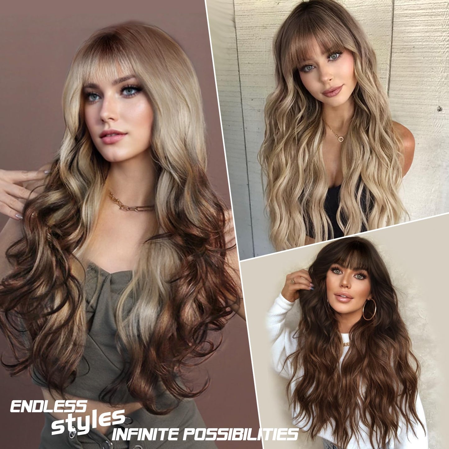 Lativ Ombre Blonde Brown Wig with Bangs Long Wavy Curly Wig with Brown End Heat Resistant Fiber Wig for Women Daily Use 26 Inches