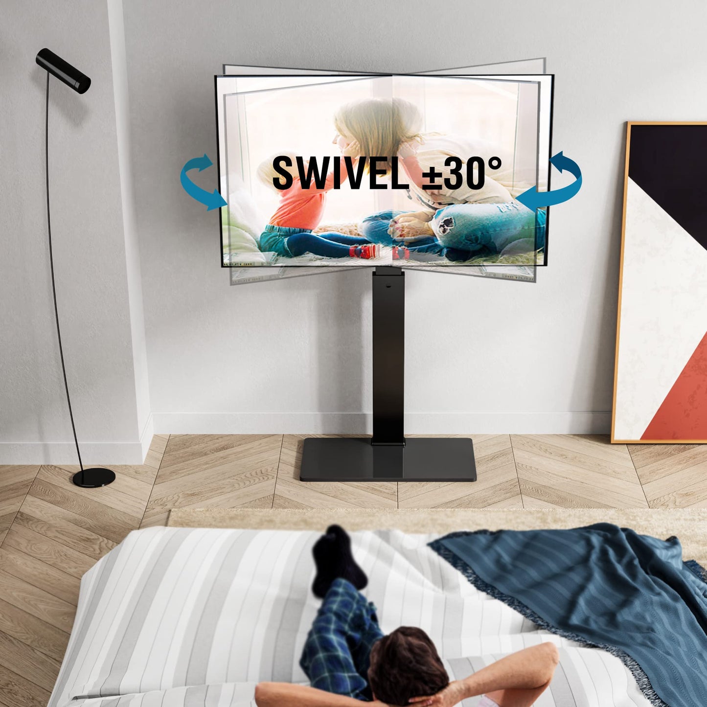 FITUEYES Swivel Floor TV Stand with Mount for TVs 37 43 50 55 60 65 70 75 Inch LCD LED Flat/Curved Screens Universal Swivel Televisions TV Mount Stand for Bedroom Living Room Black Tempered Glass Base