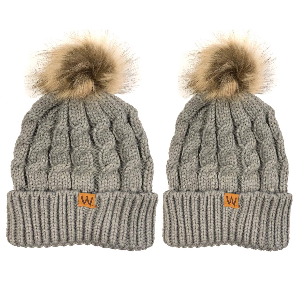 allydrew Winter Warm Soft Knit Beanie with Faux Fur Pom Pom, Mommy & Me Ash Gray Beanie