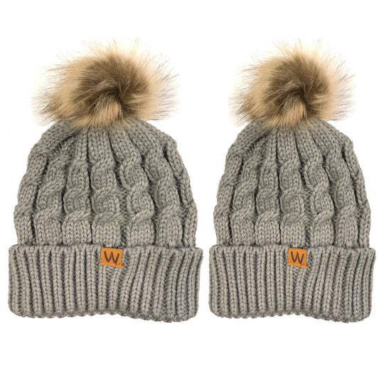 allydrew Winter Warm Soft Knit Beanie with Faux Fur Pom Pom, Mommy & Me Ash Gray Beanie