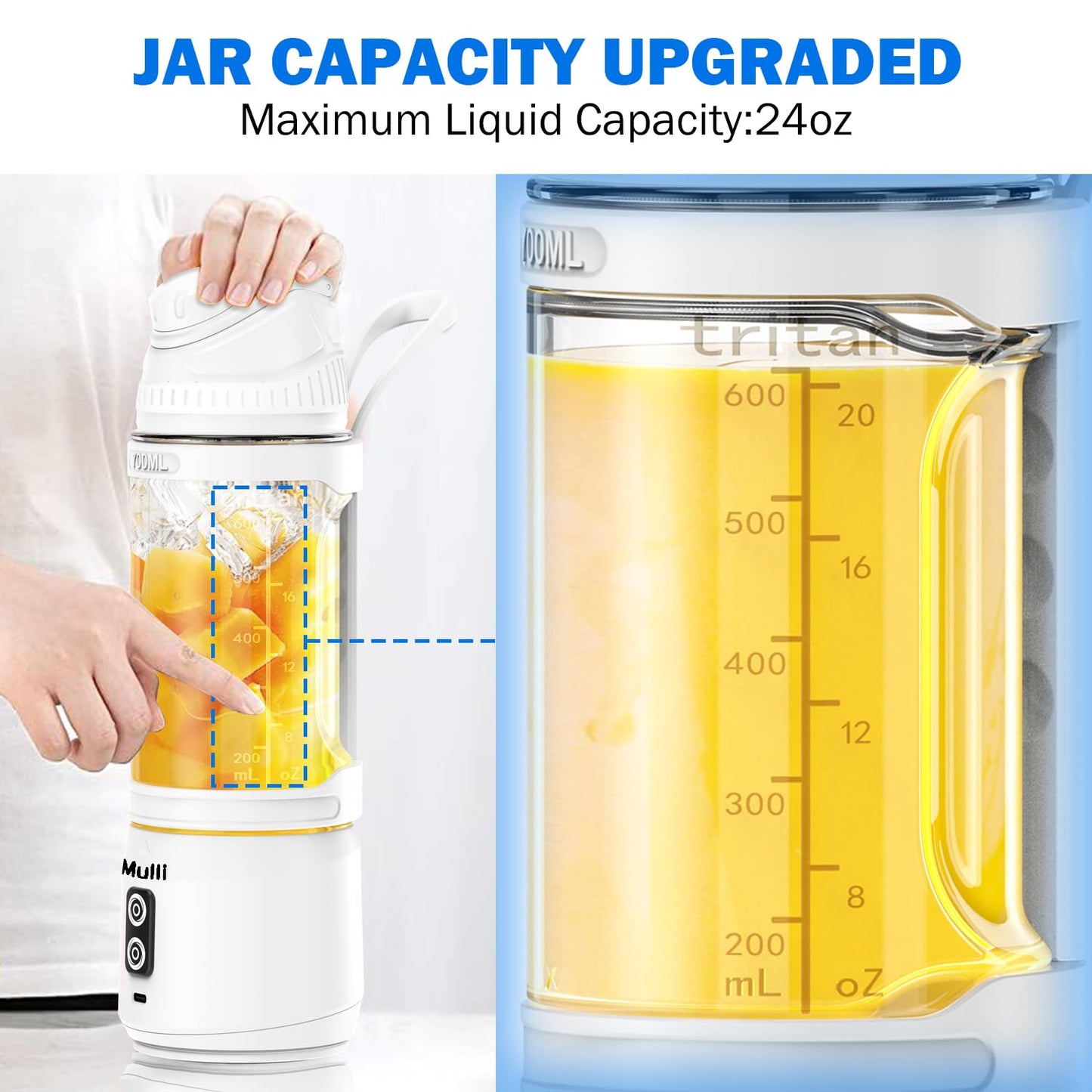 Mulli Portable Blender, 24oz Travel Blender for Shakes and Smoothies, USB Rechargeable Mixer with a Lid for Travel Gym