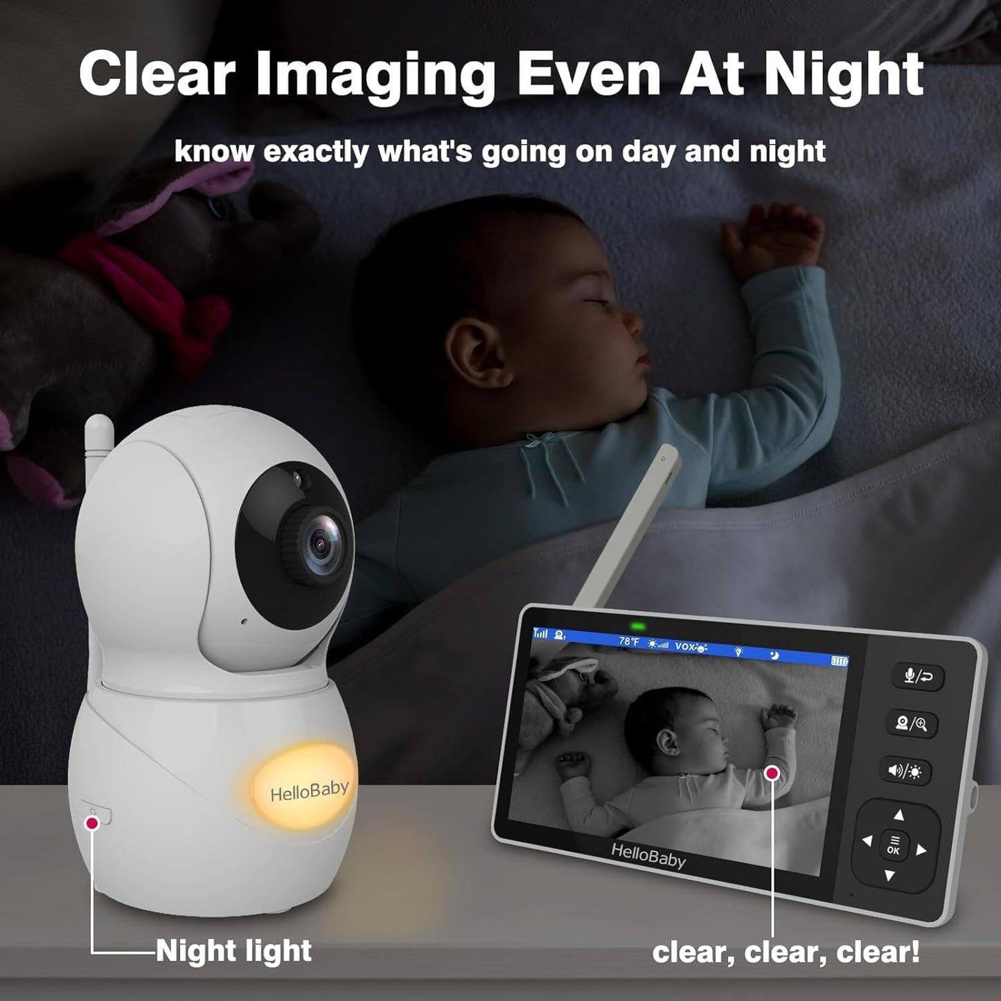 HelloBaby 720P Mountable Baby Monitor with Camera and Audio No WiFi, 5.5'' HD Easy Set Up Video Baby Monitor, Remote Pan Tilt Zoom, Night Light, 4000mAh Battery, 1000ft, 2-Way Audio 1080P Camera