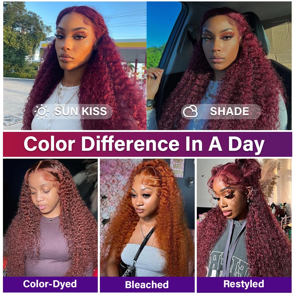 LRV 20 Inch Burgundy Lace Front Wigs Human Hair 13x4 HD Frontal Red Deep Wave Burgundy Human Hair Curly Red Lace Front Wigs for Women Pre Plucked 180 Density