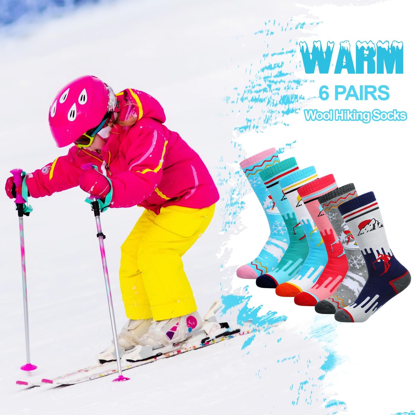 6 Pairs Kids Ski Socks Long Knee Length Snow Socks, Warm Winter Thermal Snowboard Socks for 7 to 12 Years Old Children Girls Boys Cold Weather Indoor Outdoor Activities