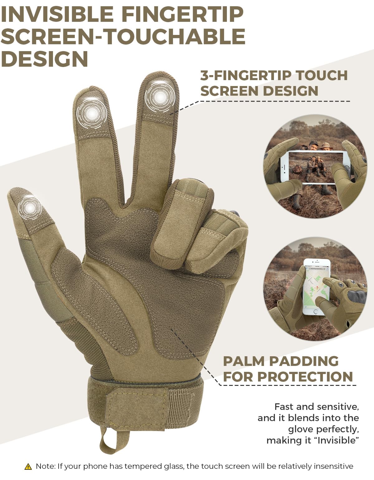 KEMIMOTO Tactical Gloves for Men, Touchscreen Motorcycle Gloves with Hard Shell & Palm Padding for Sports Motorcycle Cycling Tactical Airsoft Paintball Hunting Hiking Camping Climbing (Brown,Large)