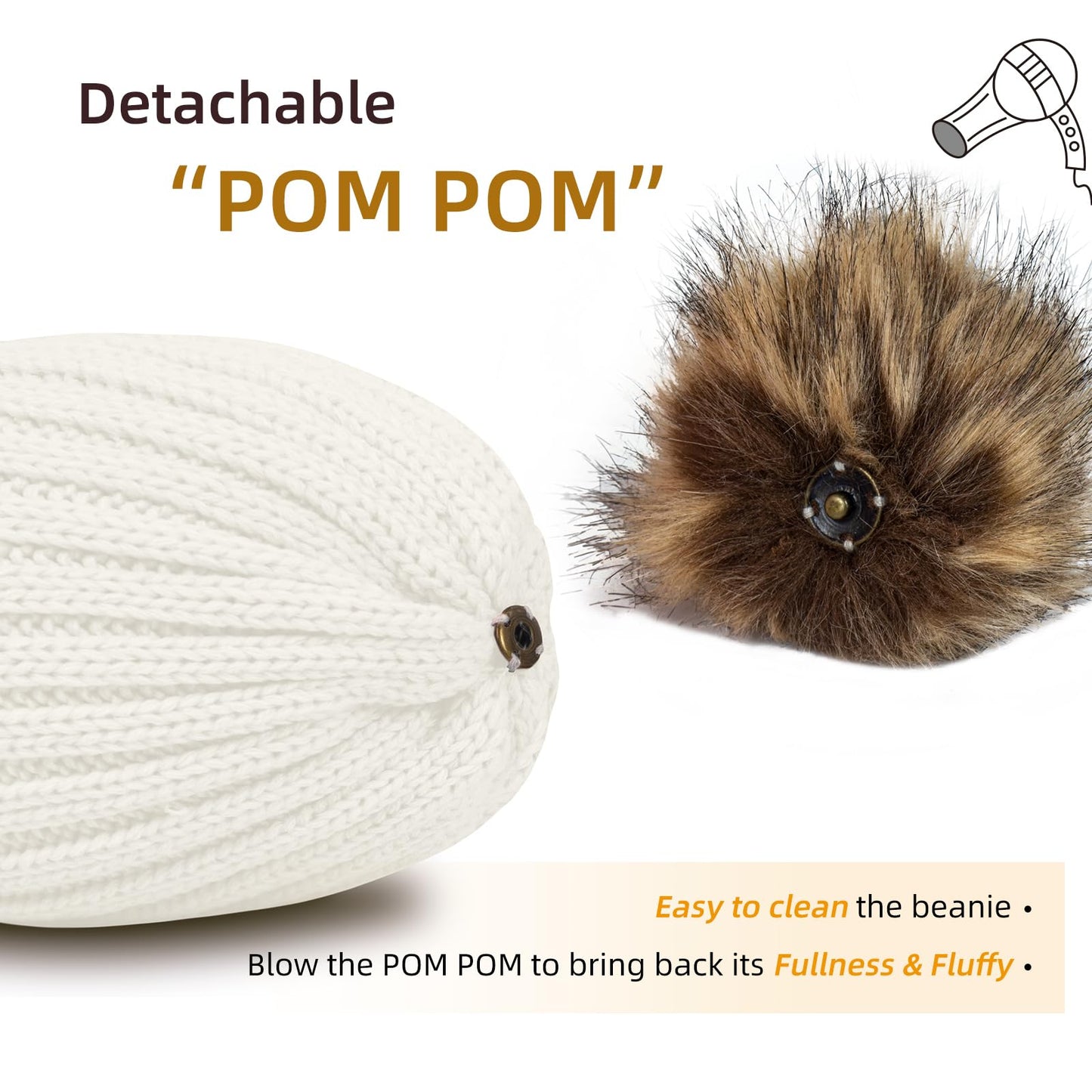 ZOORON Womens Winter Knitted Beanie Hat with Faux Fur Pom Beanie Warm Knit Skull Cap Beanie for Women White