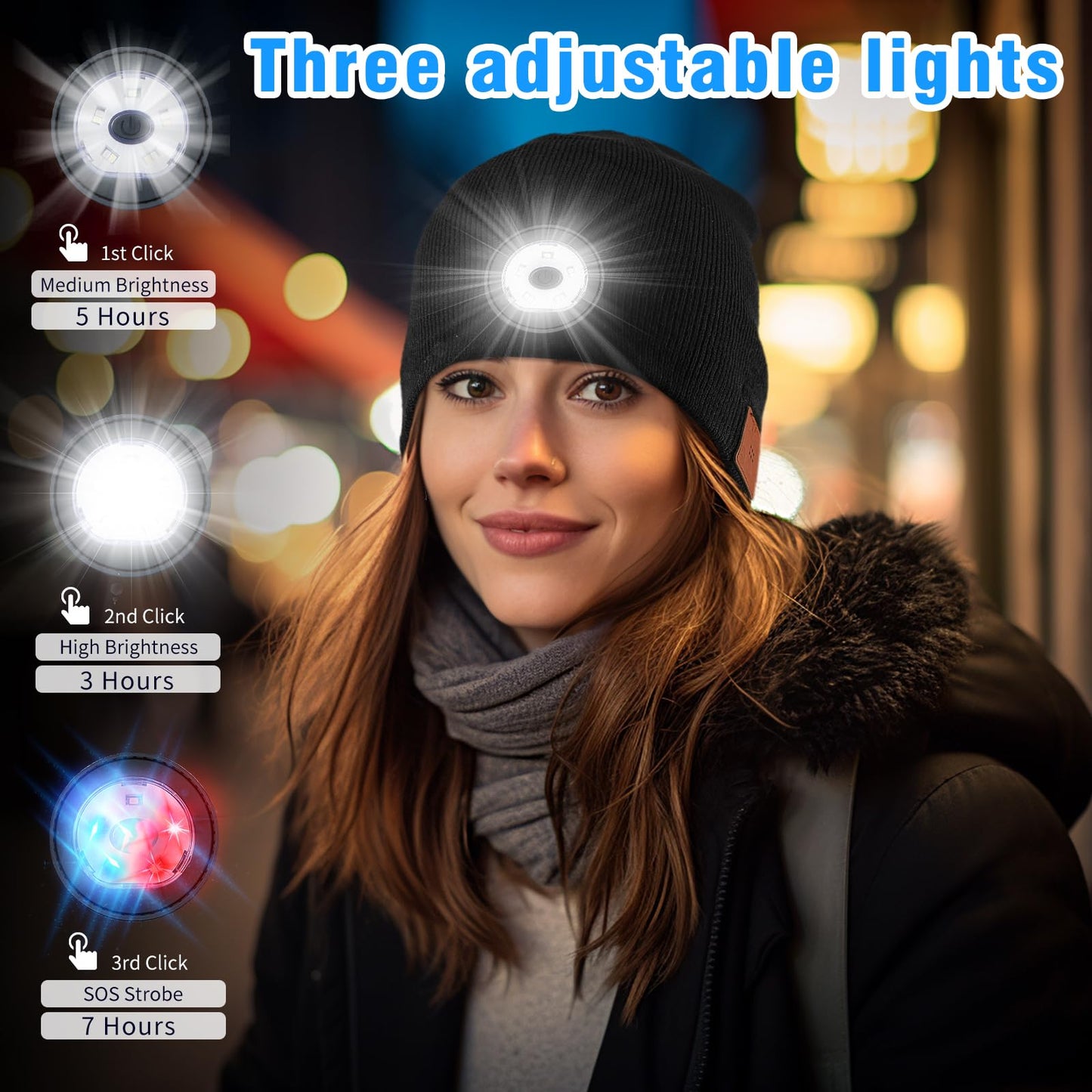 Mood Pie Bluetooth Beanie with Light,USB Rechargeable LED Headlamp Hat Beanie,Musical Knit Hat with Headphones and Built-in Speaker Mic,Gifts for Men Women Teen Black
