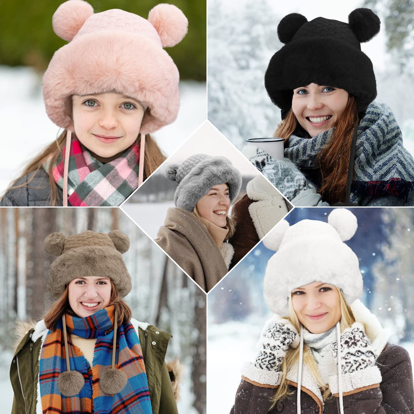 Peicees Winter Beanie Hats for Women Warm Knit Skull Cap Fur Hat with Pompom Russian Ushanka Trapper Hat Ear Cover Light Coffee