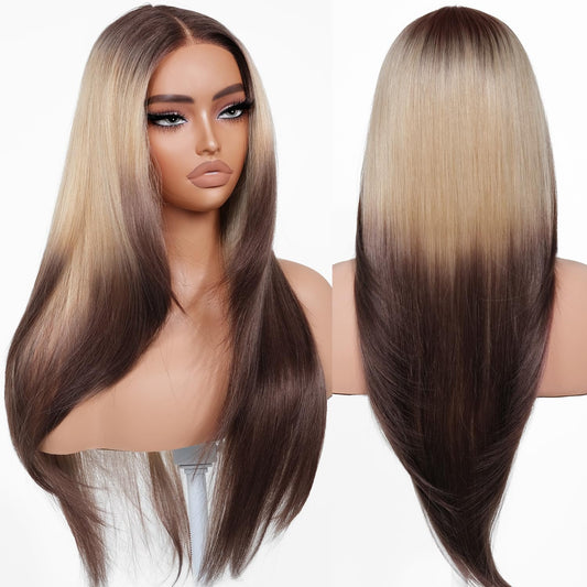 BrownBomb Ombre Blonde Brown Wear and Go Glueless Wigs Pre Plucked Pre Cut for Beginners Synthetic Lace Front Wigs With Bangs Long layered Straight Wigs With Dark Roots 26 Inch 3 Seconds to Wear