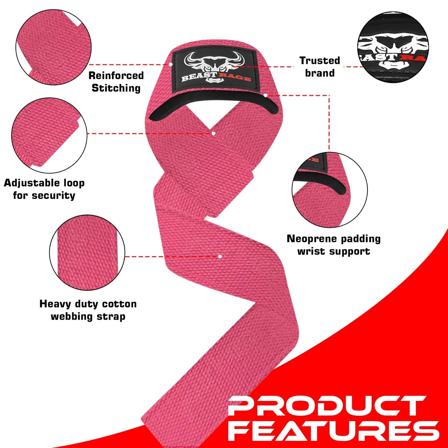 BEAST RAGE Lifting Wrist Straps for Weightlifting, Weight Lifting Straps Gym Power Workouts Lifting Straps Padded Cotton Men Women Supportive Lift Deadlift Straps Hard Pull Exercise Straps (T-Pink)