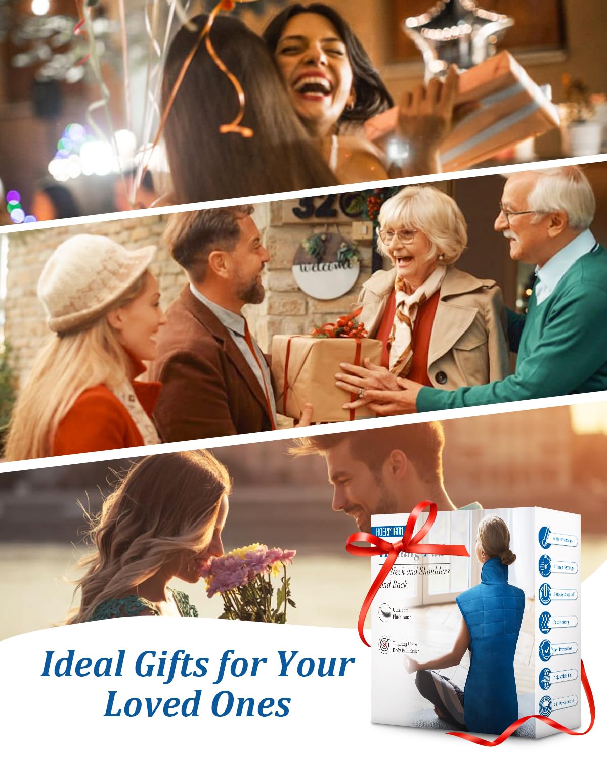 Heating Pad for Neck and Shoulders and Back, Birthday Gifts for Women Men Mom Dad Wife, Weighted Heating Pad for Back Pain Relief, Electric Heat Pad 6 Heat Settings 4 Timers Auto-Off, 22" x 37" Blue