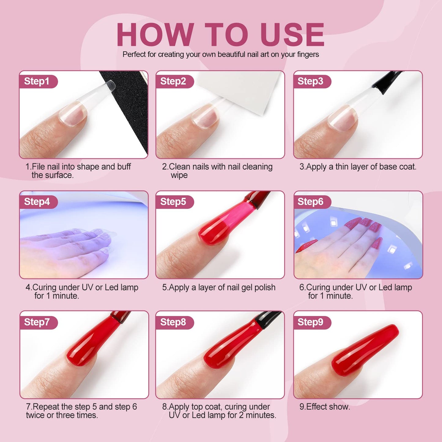 Gel Nail Polish Kit with U V Light 5 Colors Pink Red Nude Black White Gel Polish Kit Base Top Coat Nail Tips Nail Art Stickers Manicure Starter Kit Gifts for Women Salon DIY