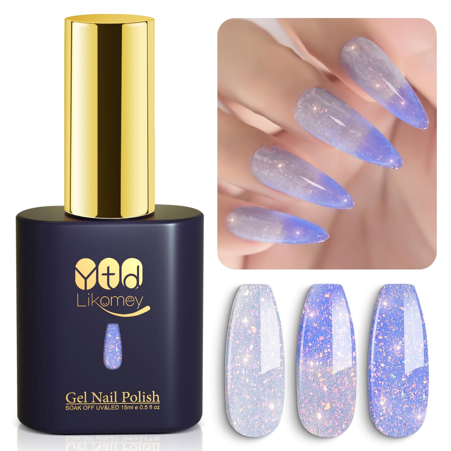 YTD Likomey Brocade Glitter Color Changing Gel Nail Polish,15ml Light Blue To Blue Shimmer Mood Temperature Change Colors Iridescent Flakes,Spring Summer Thermal Ombre UV Nail Gel,WB354