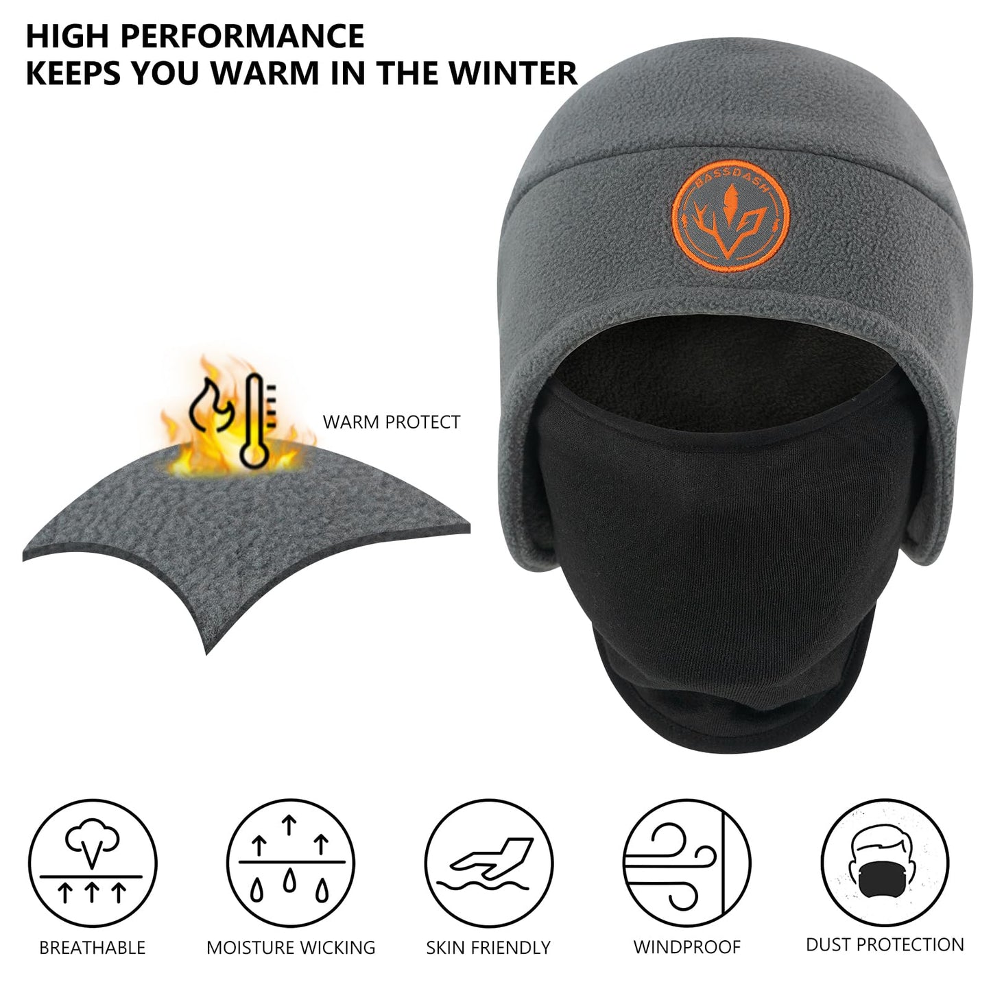BASSDASH Soft Fleece 2-in-1 Hat with Ski Mask Ear Flap Ice Fishing Hunting Beanie for Men Women Cold Weather Winter Grey