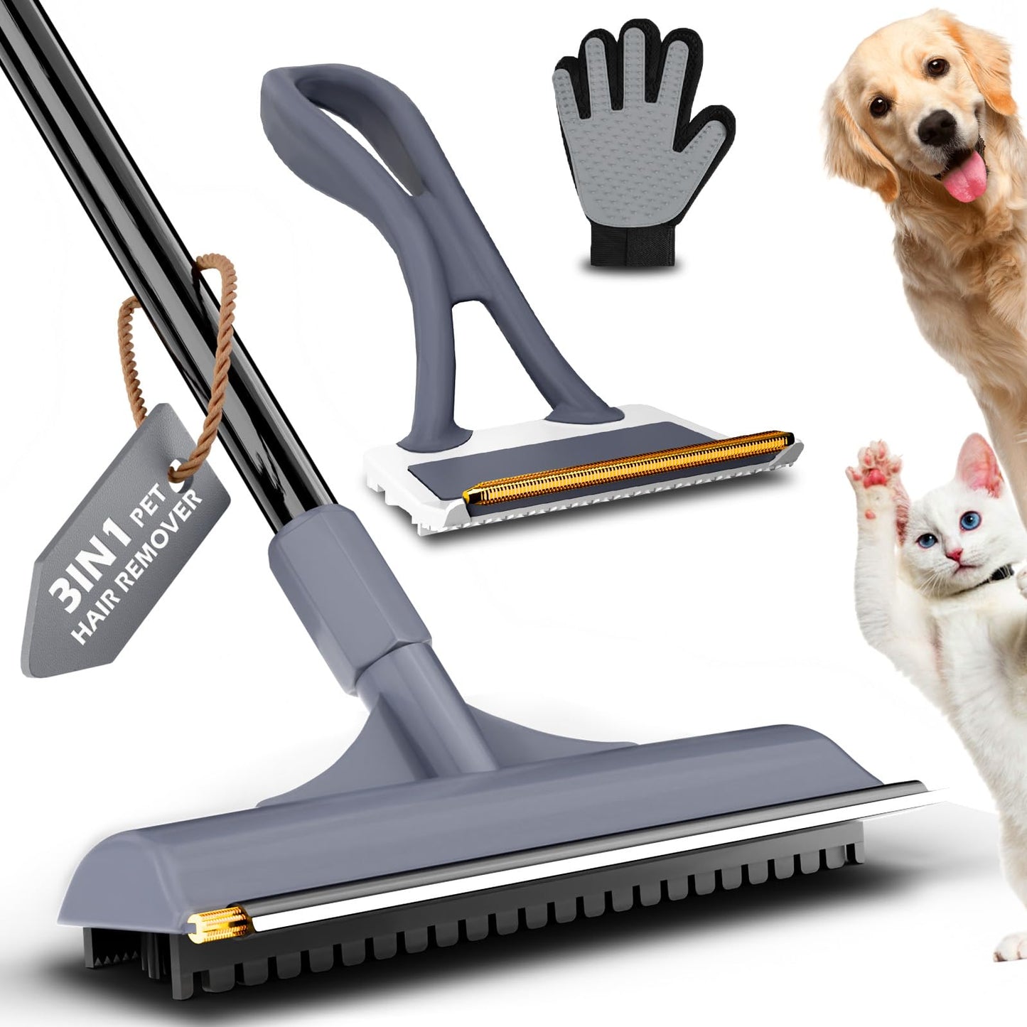 3 in 1 Carpet rake Kit for Pet Hair Removal Tool - Reusable Pet Hair Remover Broom w 58" Adjustable Long Handle, Dog & Cat Carpet Scraper, Pet Hair Remover for Rugs, Mats, Couch, Curtains(Gray)