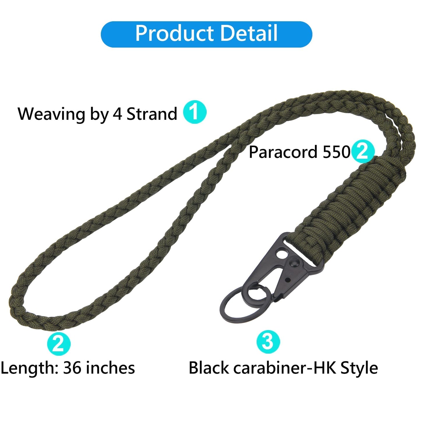 LAREDTREE Heavy Duty Paracord Lanyard Keychain, Paracord Necklace Cell Phone Keychain Whistles Wrist Braided Strap for Men Women Outdoor Activities, Camera, Traveling(Army Green)