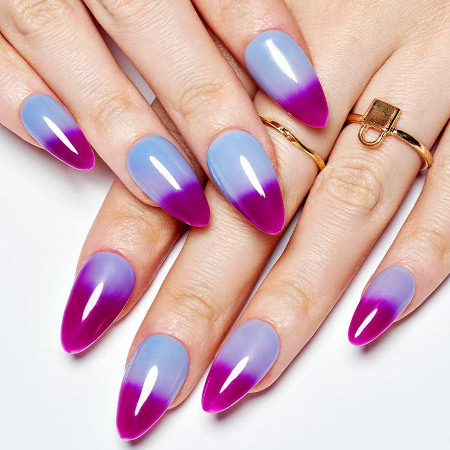 GLAMERMAID Press on Nails Medium Almond, Handmade Purple Blue Temperature Change Gel Glue on Nail, 24Pcs Glossy Short Stiletto Reusable UV Finish Fake Nails Acrylic False Nails Manicure Kits for Women