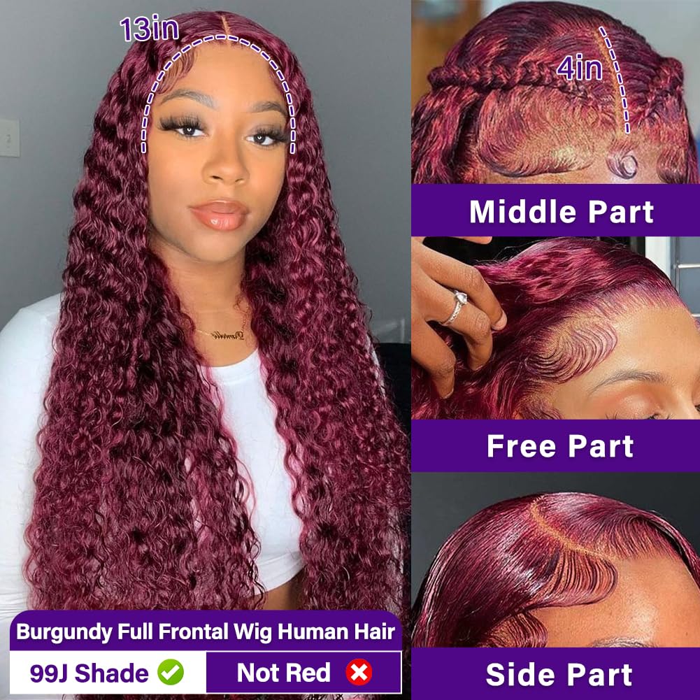 LRV 20 Inch Burgundy Lace Front Wigs Human Hair 13x4 HD Frontal Red Deep Wave Burgundy Human Hair Curly Red Lace Front Wigs for Women Pre Plucked 180 Density