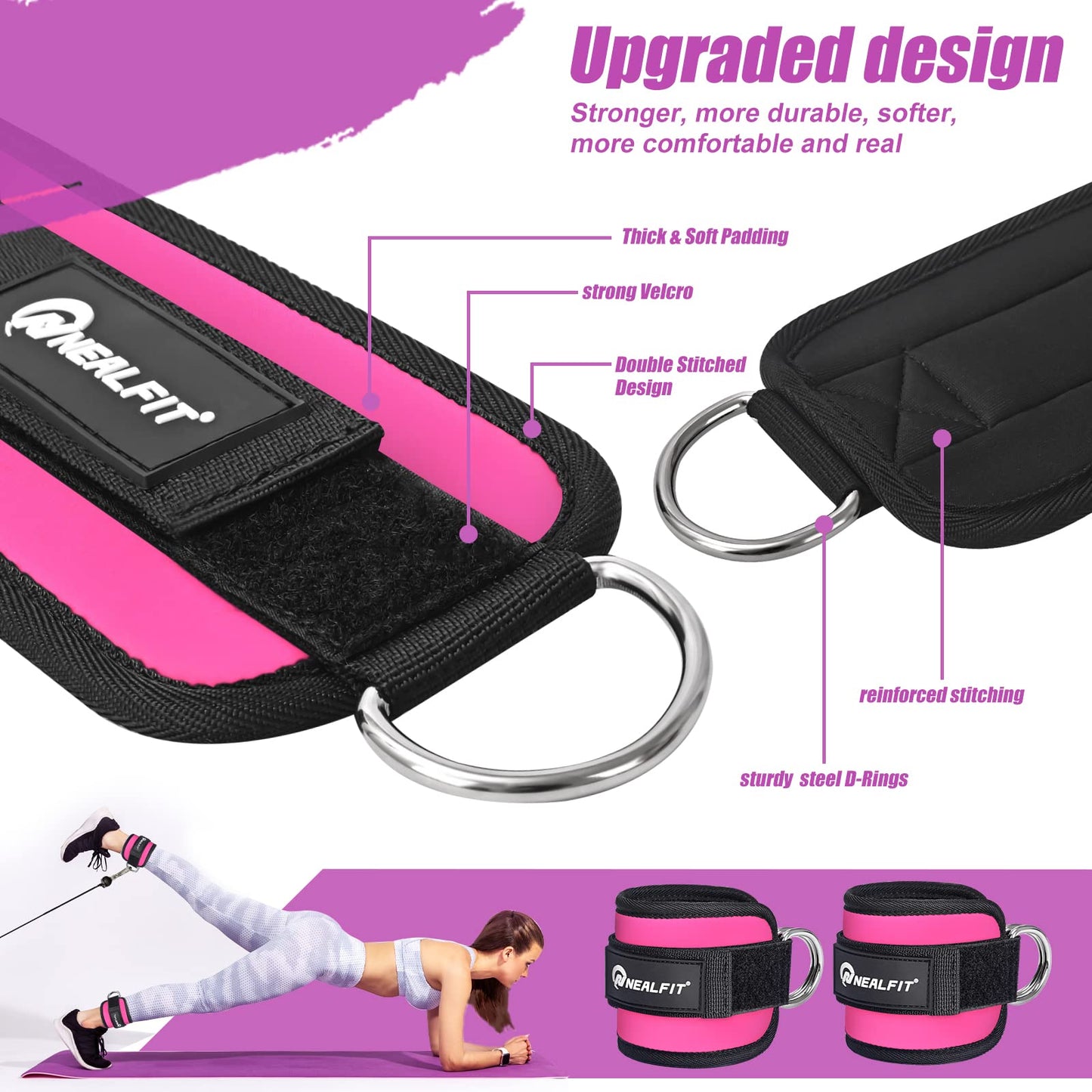 NEALFIT Ankle Strap for Cable Machine, Gym Ankle Cuff for Kickbacks, Leg Extensions, Glute Workouts, Booty Hip Abductors Exercise for Women and Men (Pair, Pink)