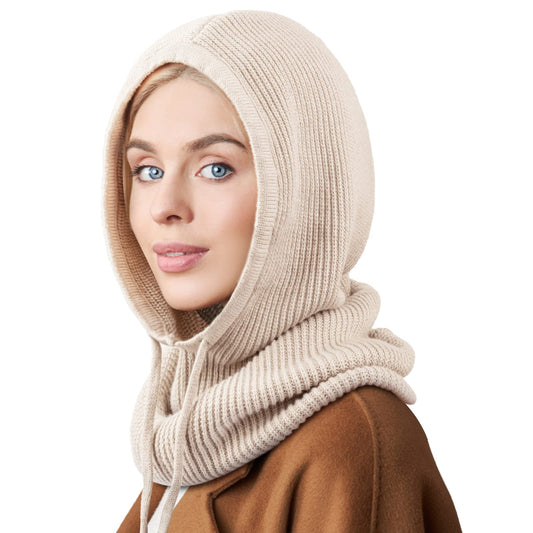 Hooded Scarf Hat Knit Balaclava Women Beanie Skull Cap with Drawstring Warm Winter Hats for Women Men Outdoor Sports