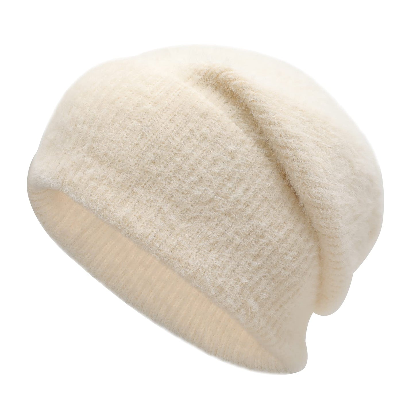 ZLYC Winter Slouchy Beanie Hat Warm Ribbed Knit Stretch Skull Cap for Women Men (Plain White)