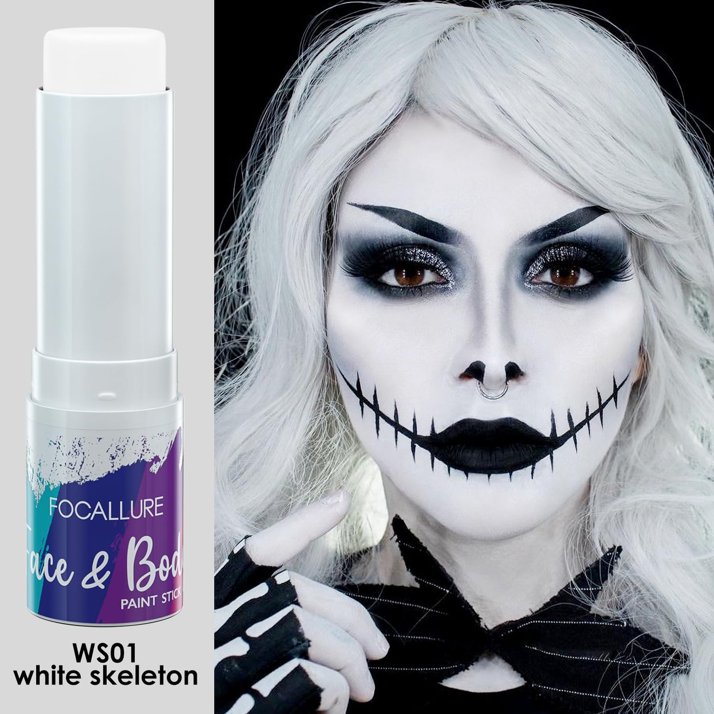 FOCALLURE Face Body Paint Stick,Eye Black Stick for Sports,Face Painting Kit Professional Hypoallergenic Foundation Makeup for Halloween Cosplay SFX Costume Party,White Skeleton