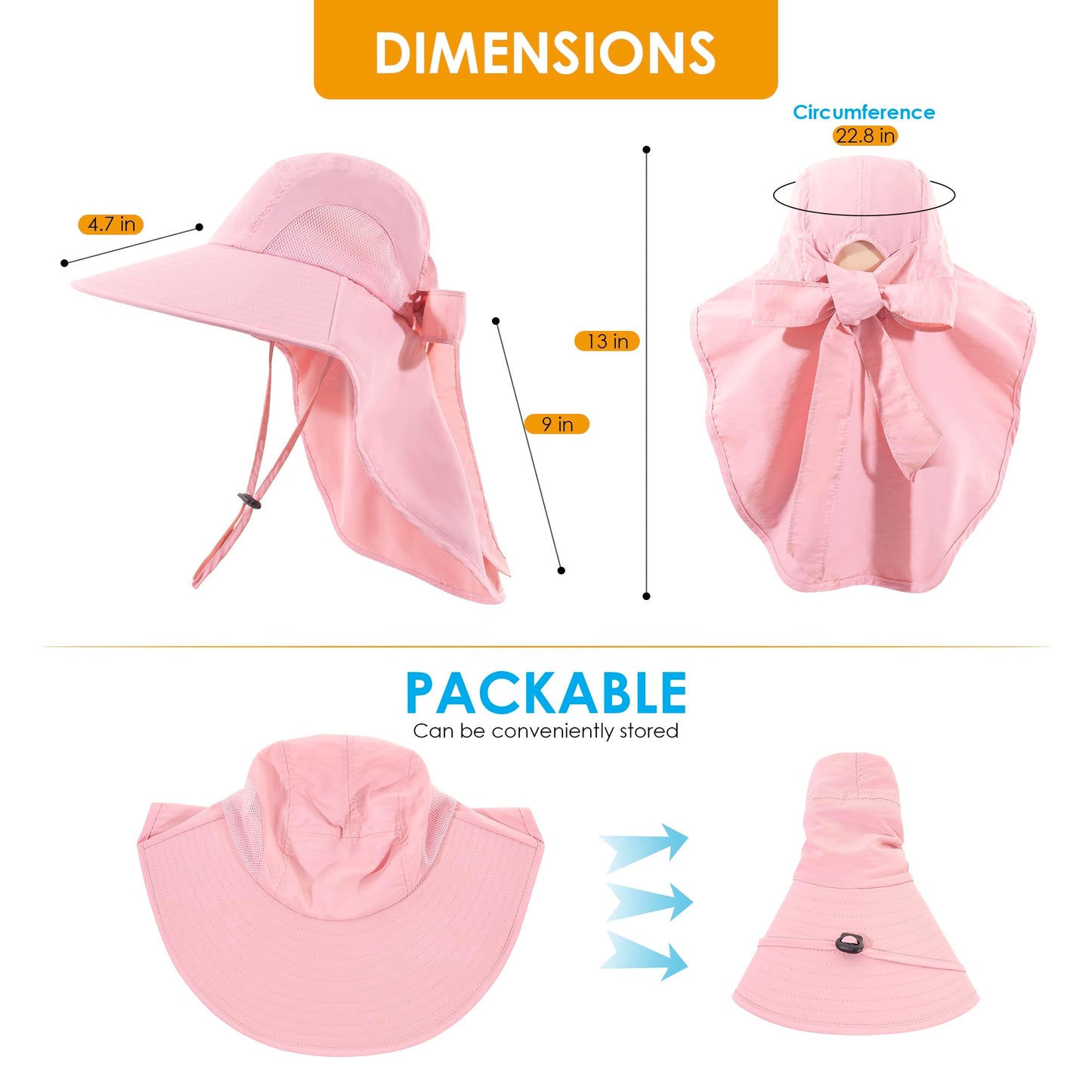 Womens Sun Hat UV Protection, Foldable Waterproof Wide Brim Bucket Hats with Neck Flap for Summer Beach Fishing Hiking Pink