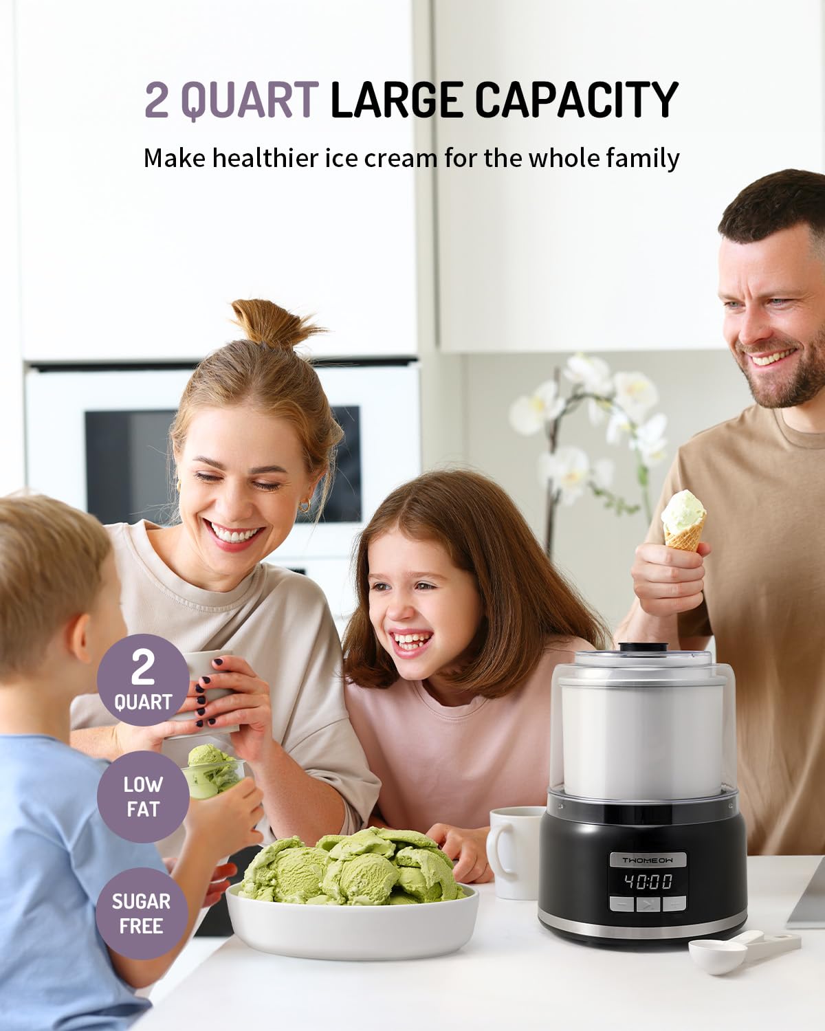 TWOMEOW Ice Cream Maker, Automatic 2 Quart Ice Cream Machine with Timer, Double Insulated Freezer Bowl Homemade Ice Cream, Frozen Yogurt, Gelato, Sorbet Maker for Home, Black