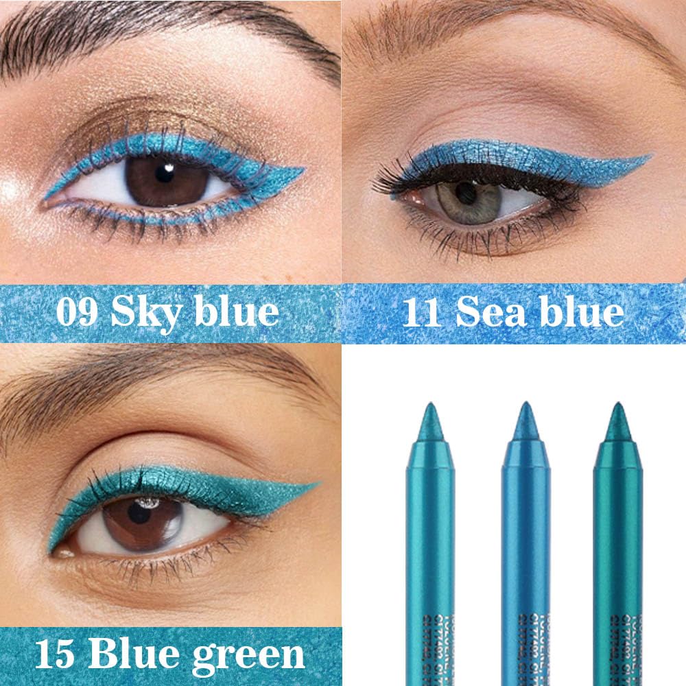 evpct 3Pcs Sky Blue & Sea Blue & Blue-green Gel Glitter Eyeliner Pencils Set for Women, Waterproof Smudge Proof lapiz de ojos delineador de ojos contra el agua Eye Liner Makeup 09 11 15
