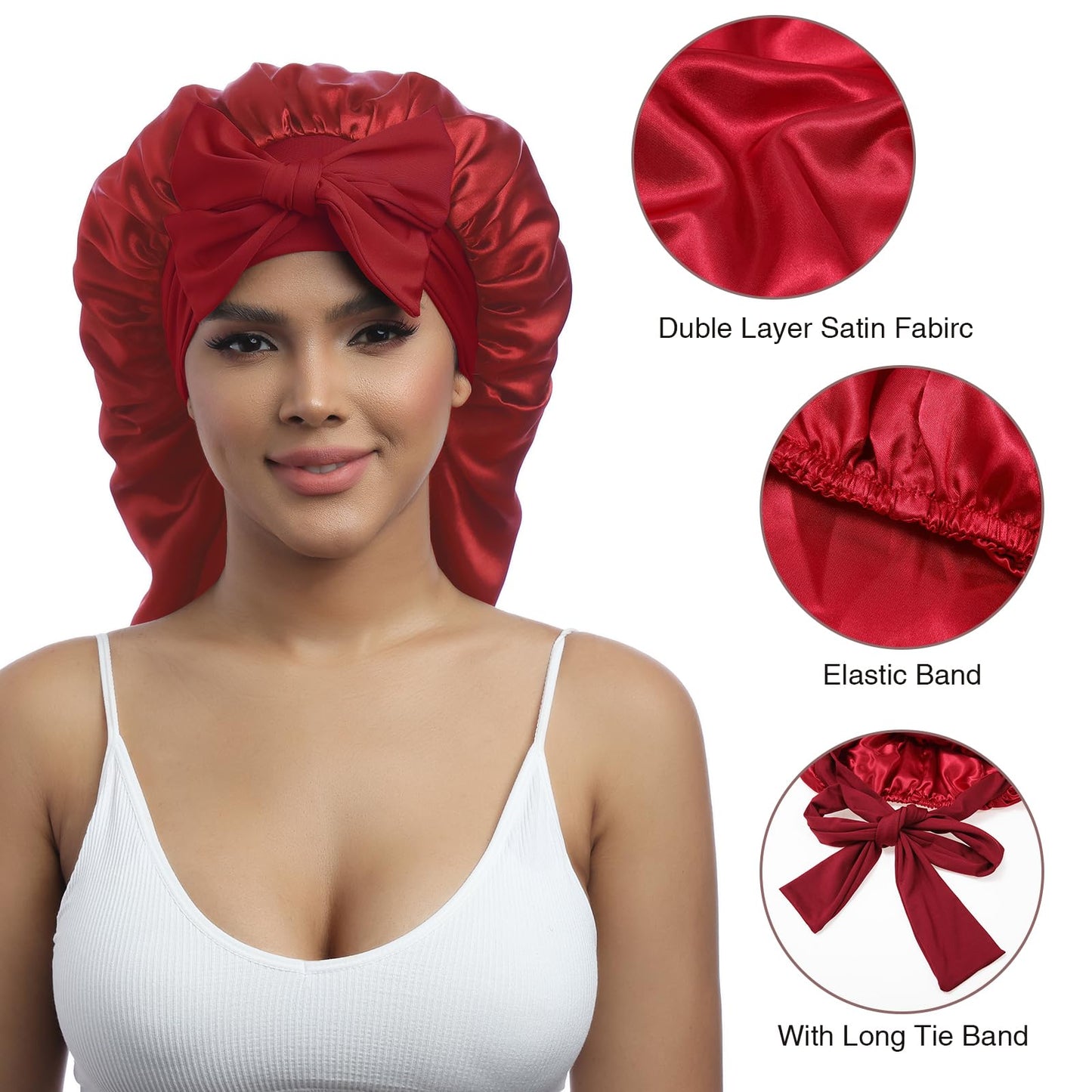AWAYTR Long Satin Bonnet for Women - Double Layer Elastic Silk Bonnet for Braids Hair Sleeping Cap with Tie Band (Wine Red)