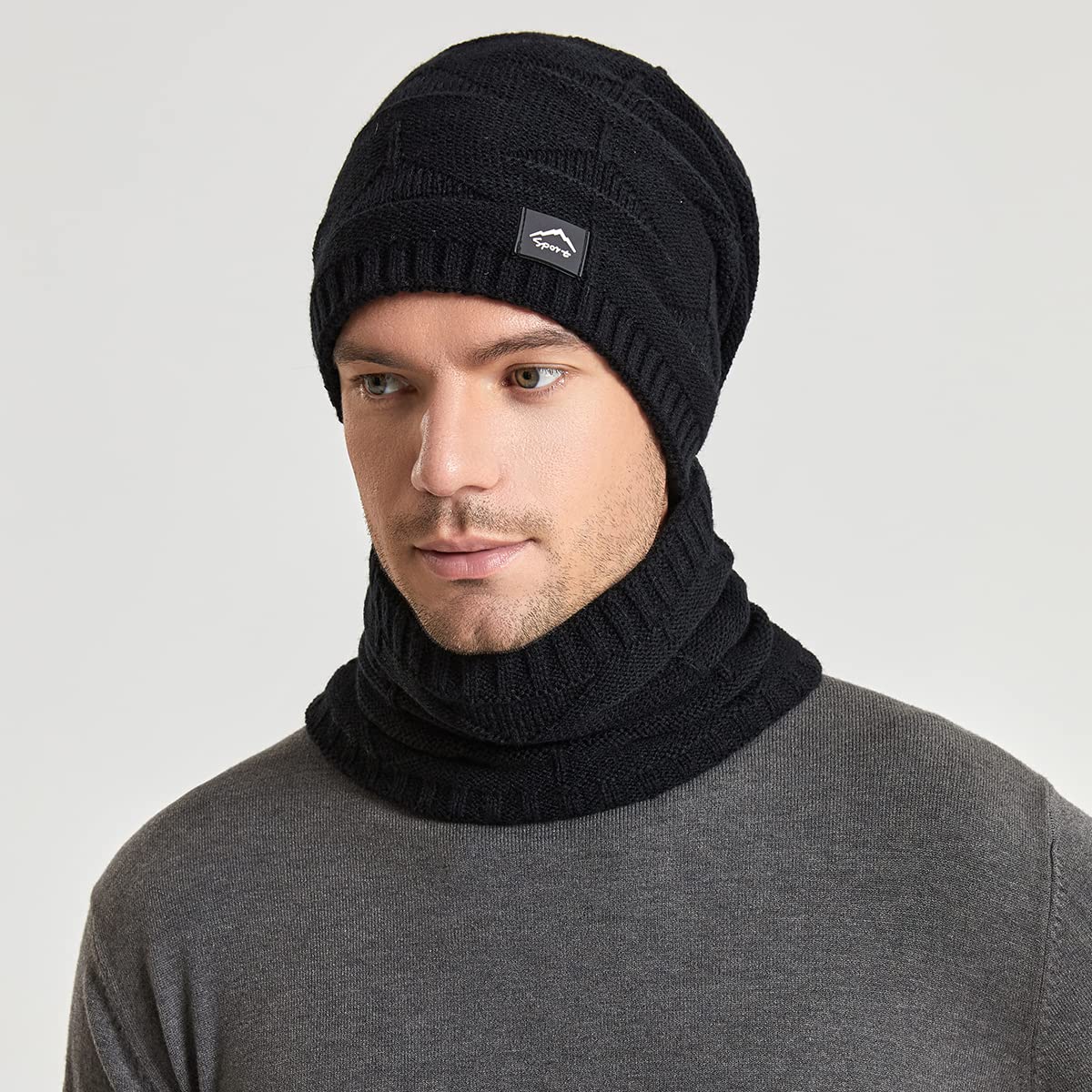 Winter Beanie Hat Scarf Touchscreen Glove Set for Men Women,Slouchy Knit Ski Cap Neck Warmer with Fleece Lined for Unisex (Black Beanie Scarf and polyester and spandex Black Glove)