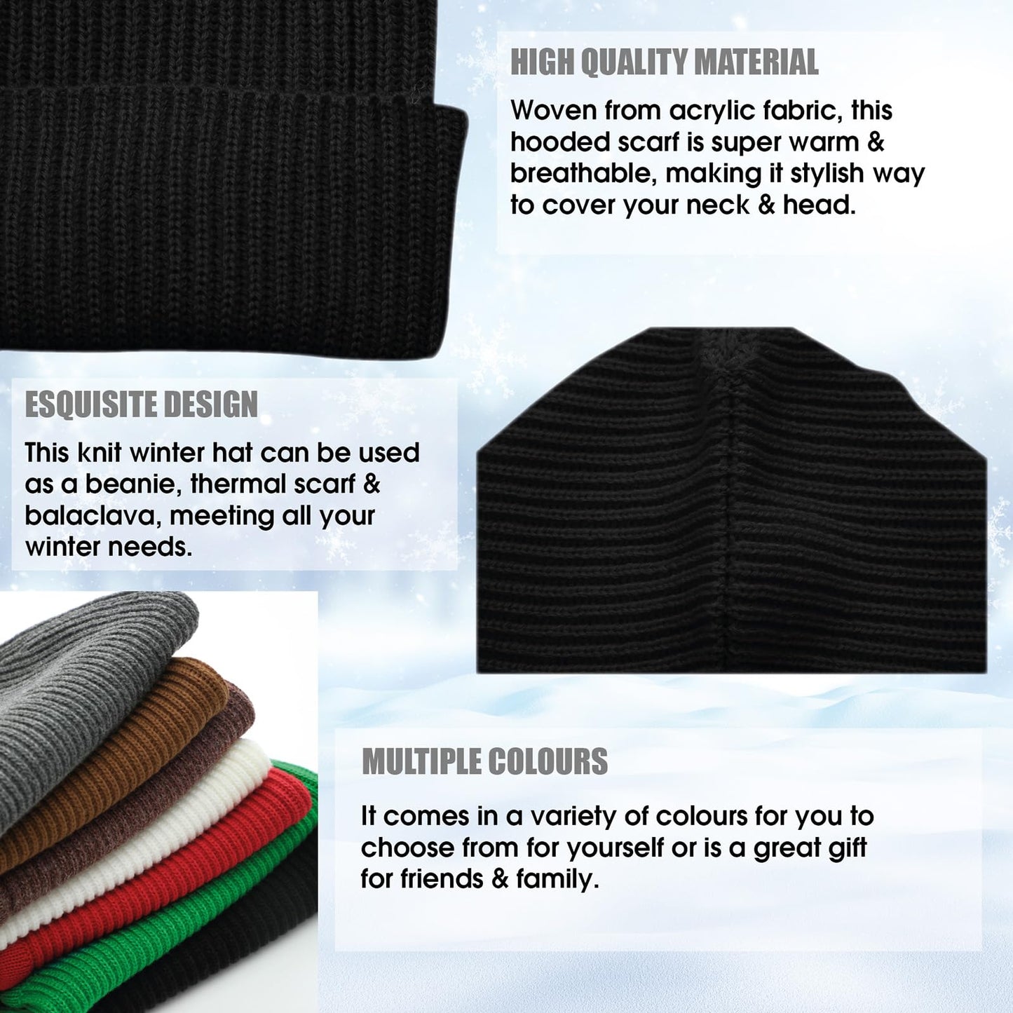 KDWAVE Knit Winter Hat for Women Men, Knitted Hood Balaclava Warm Beanie Hats Neck Ribbed Balaclavas with Drawstring, Black