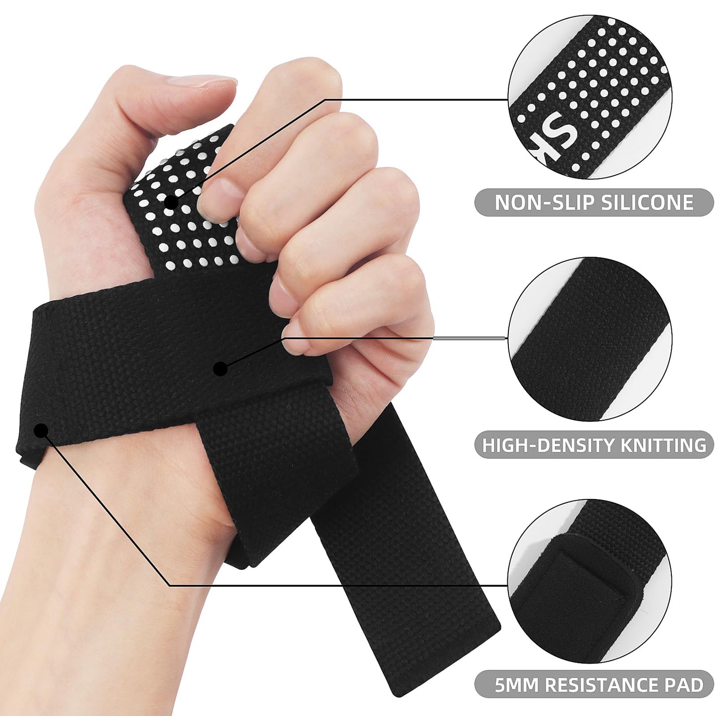 SKDK Cotton Hard Pull Wrist Lifting Straps Grips Band-Deadlift Straps with Neoprene Cushioned Wrist Padded and Anti-Skid Silicone - for Weightlifting, Bodybuilding, Xfit, Strength Training