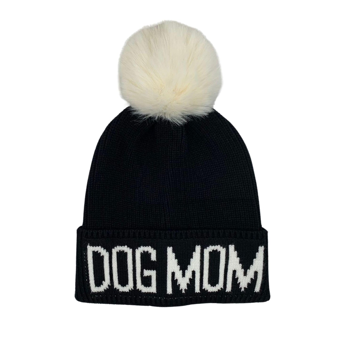 Hatphile Dog Lover Stretchy Dog MOM Faux Fur Pompom Knit Beanie Skully Toque (Black Hat White Dog Mom White Pompom)
