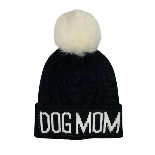 Hatphile Dog Lover Stretchy Dog MOM Faux Fur Pompom Knit Beanie Skully Toque (Black Hat White Dog Mom White Pompom)