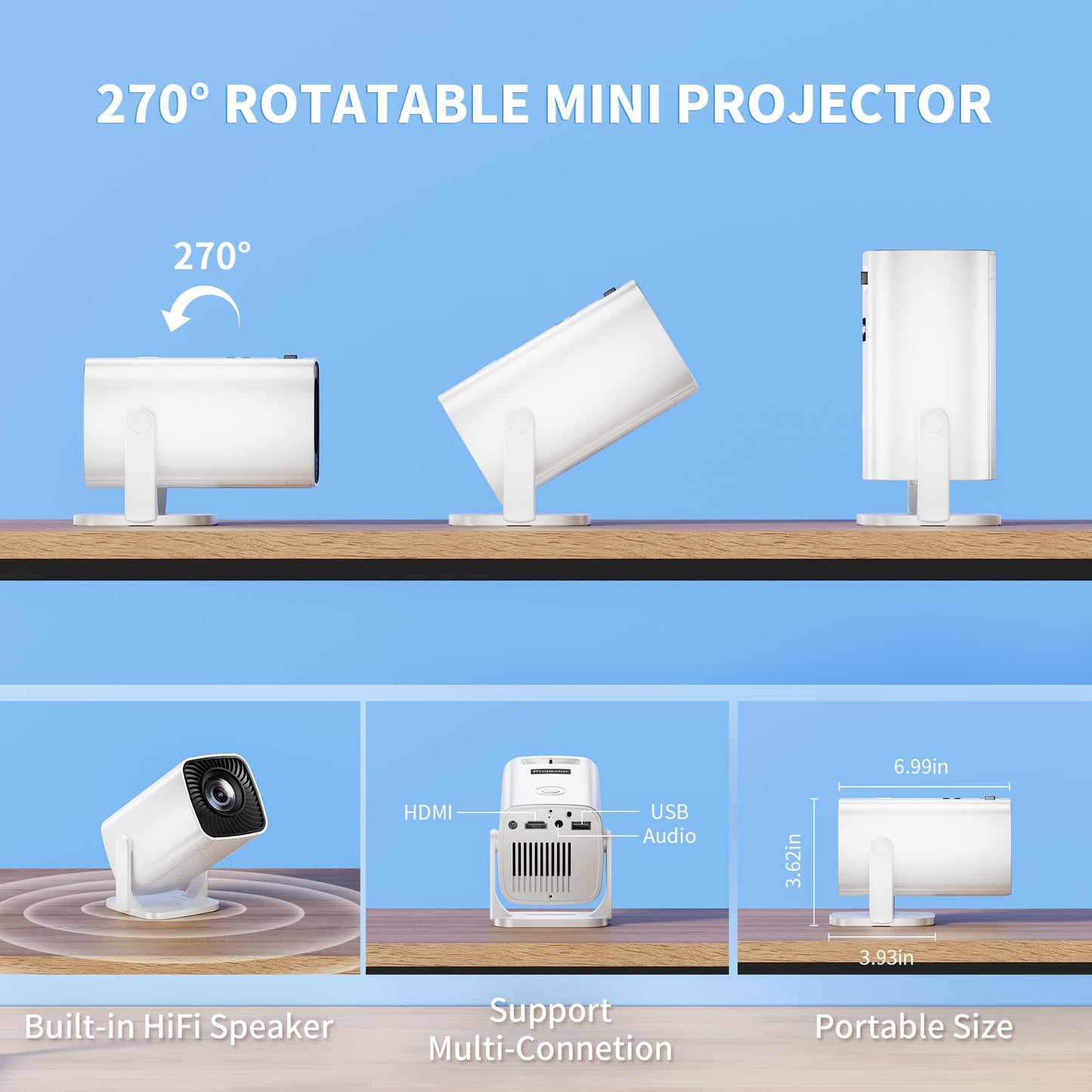 Mini Projector, Portable Projector 4K Support, Full HD 1080P Outdoor Projector, 270° Rotation Movie Projector, Compatible with Smartphone, TV Stick, Laptop, PS4, HDMI, USB (No WiFi or Bluetooth)