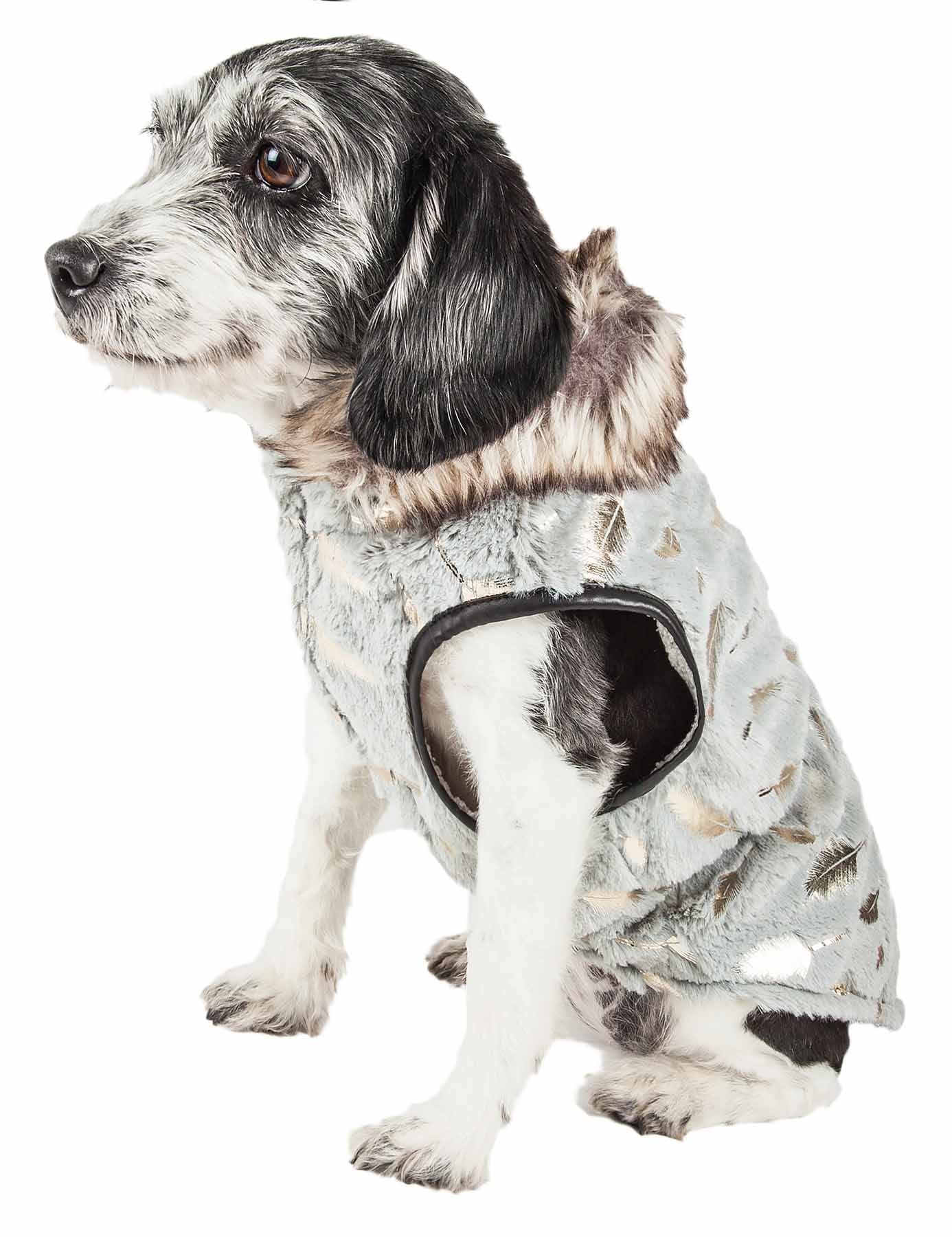 Pet Life ® Luxe 'Gold-Wagger' Gold-Leaf Patterned Mink Fur Dog Coat - Dog Jacket with Hook-and-Loop Belly enclosures - Winter Dog Coats for Small Medium Large Dog Clothes