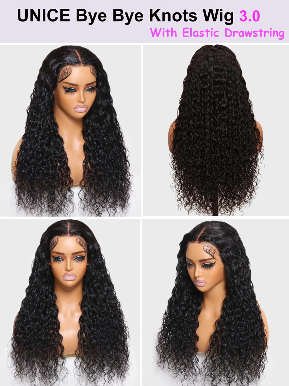 UNICE Bye Bye Knots Wig Water Wave 7X5 Lace Front Wigs Human Hair with Elastic Drawstring Glueless Human Hair Wig Pre Plucked Pre Cut Bleached Knots 180% Density 16 inch