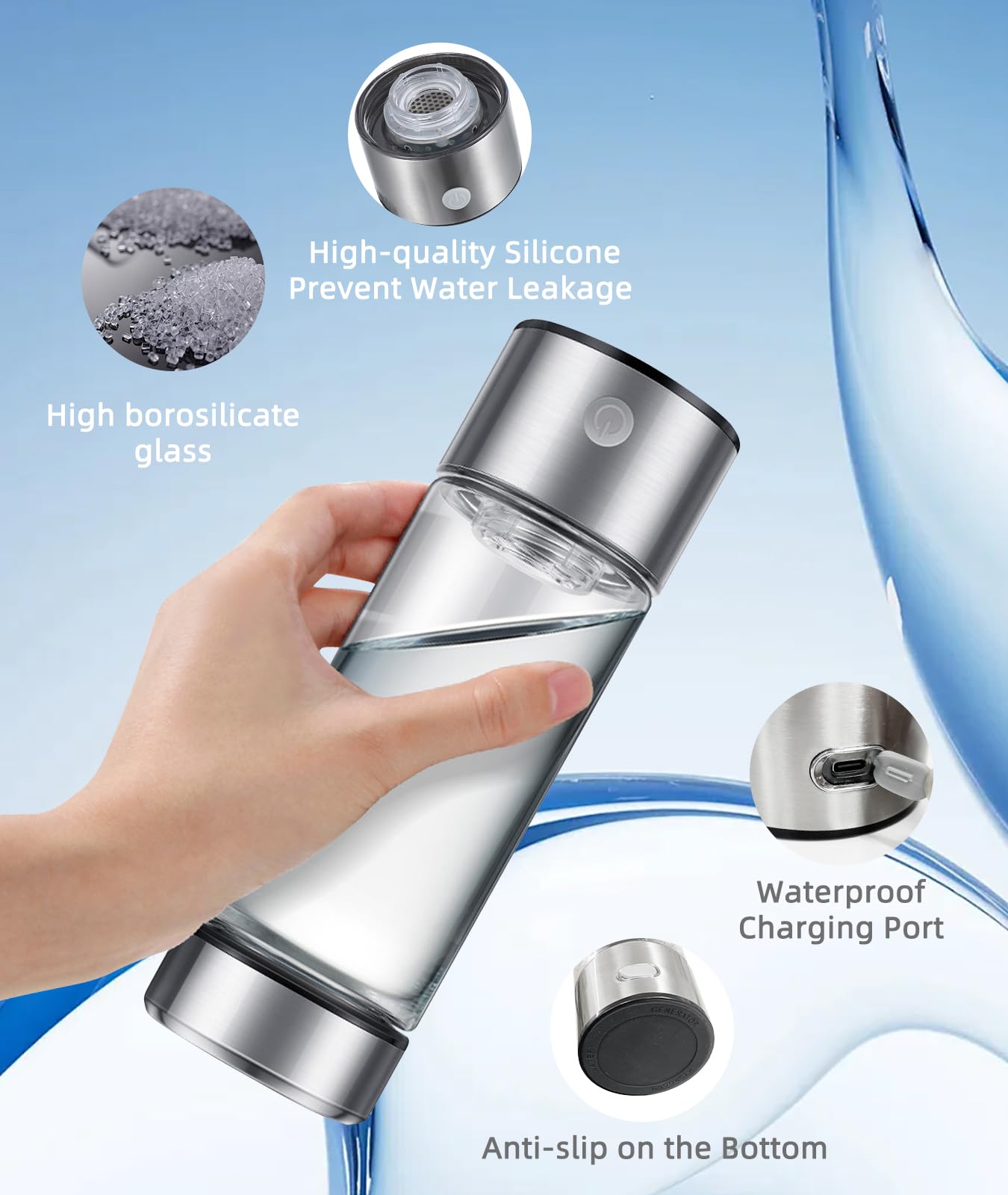 Premium Hydrogen Water Bottle with Advanced Electrolysis Technology, High Borosilicate Glass, Leak-Proof Design, 420ml Capacity, Enhances Skin Health, Sleep Quality, Metabolism, and Vitality